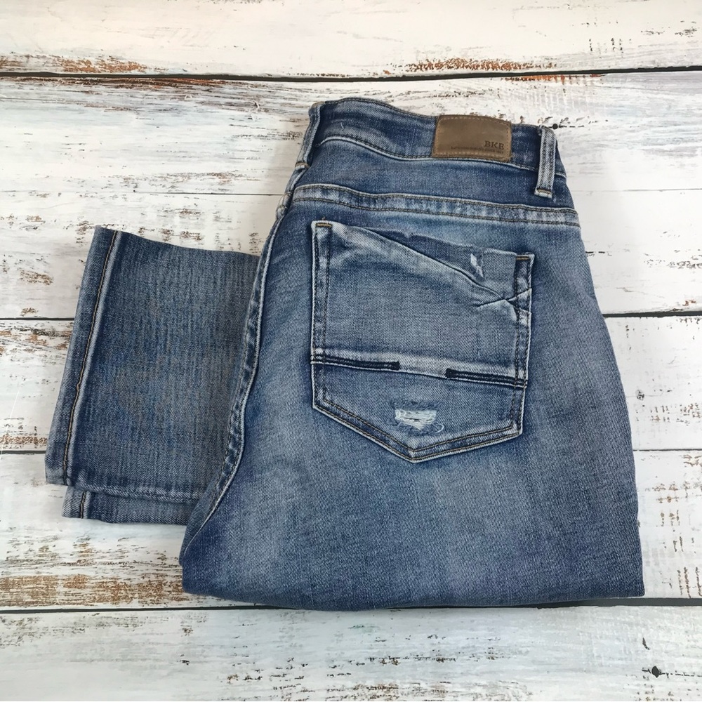 BKE Payton Mid-Rose Straight Leg in Light Wash Distressed